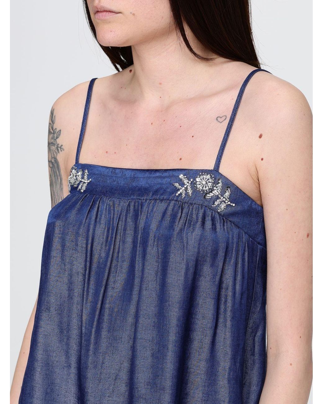 Liu Jo Blue Viscose Blend Top With Applied Rhinestones