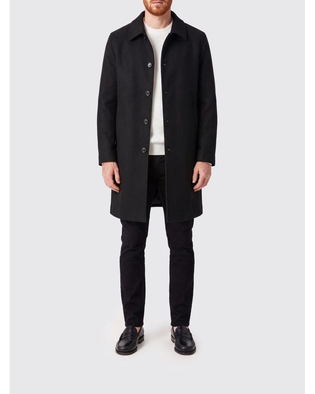 DUNO Black Knee-Length Single-Breasted Wool Blend Coat With Classic Collar for men