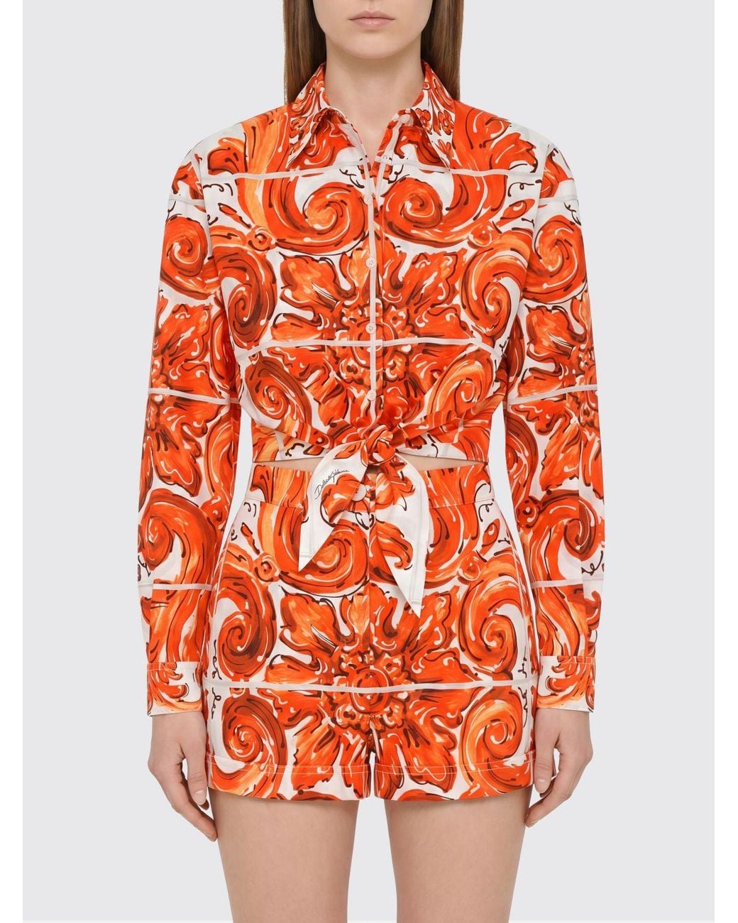 Dolce & Gabbana Orange Dolce &Amp Gabbana Cropped Cotton Shirt With Maioliche Print And Front Tie