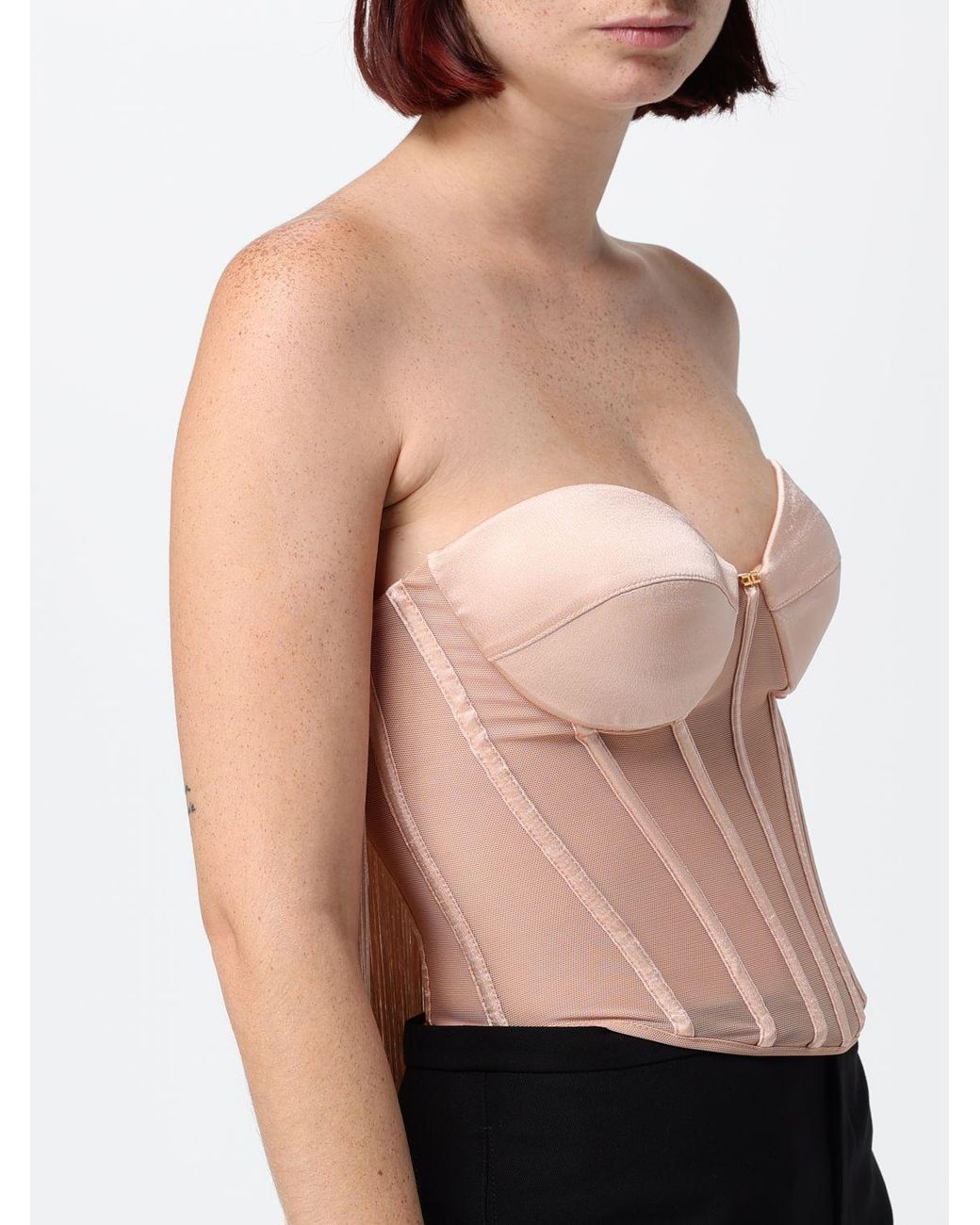 Elisabetta Franchi Black Satin Bustier Top With Sweetheart Neckline And Fringes