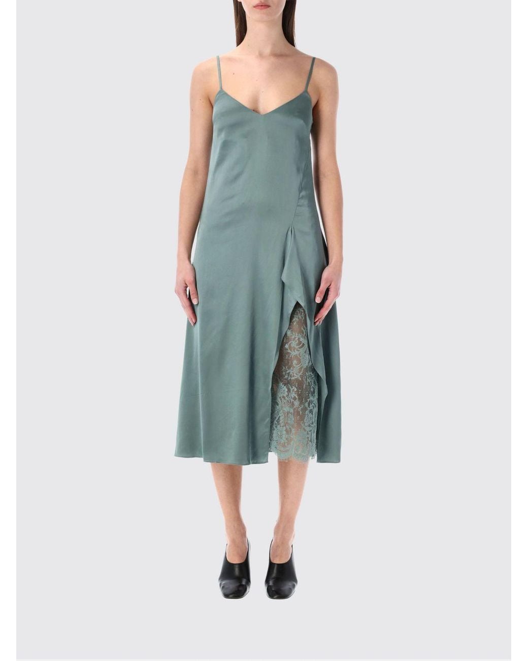 Acne Blue Viscose Blend Slip Dress With Lace Insert
