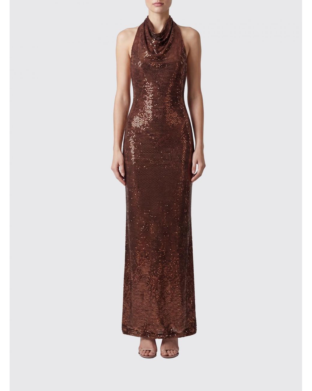 Self-Portrait Brown Rhinestone-Embellished Halterneck Long Evening Gown