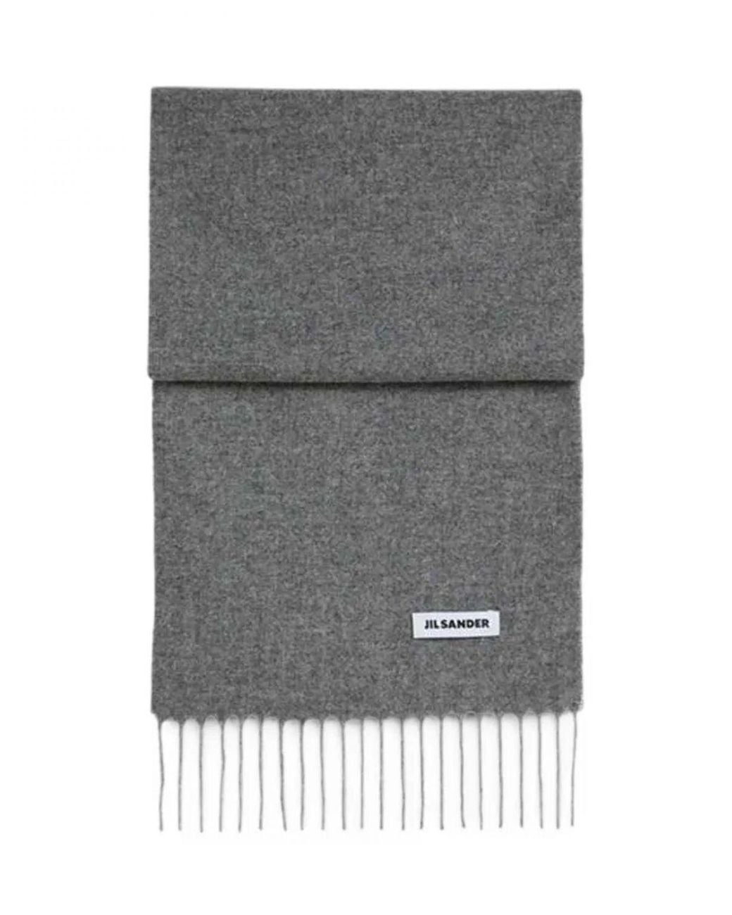 Jil Sander Gray Pure Virgin Wool Scarf With Fringed Edges And Logo for men