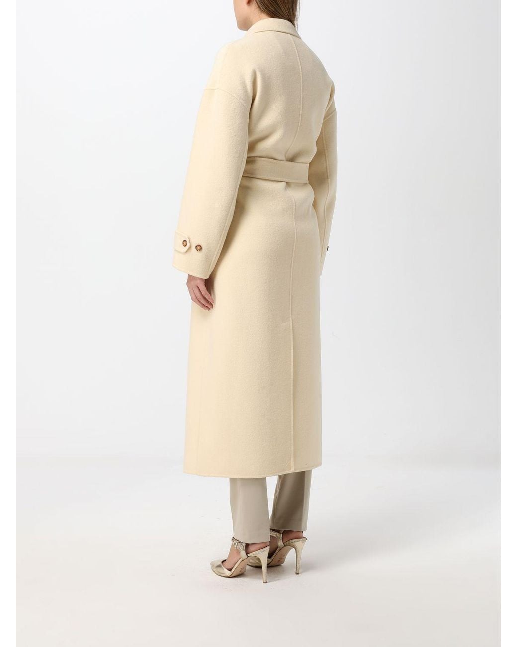 Pinko Natural Long Wool Robe Coat With A Belt And Lapel Collar