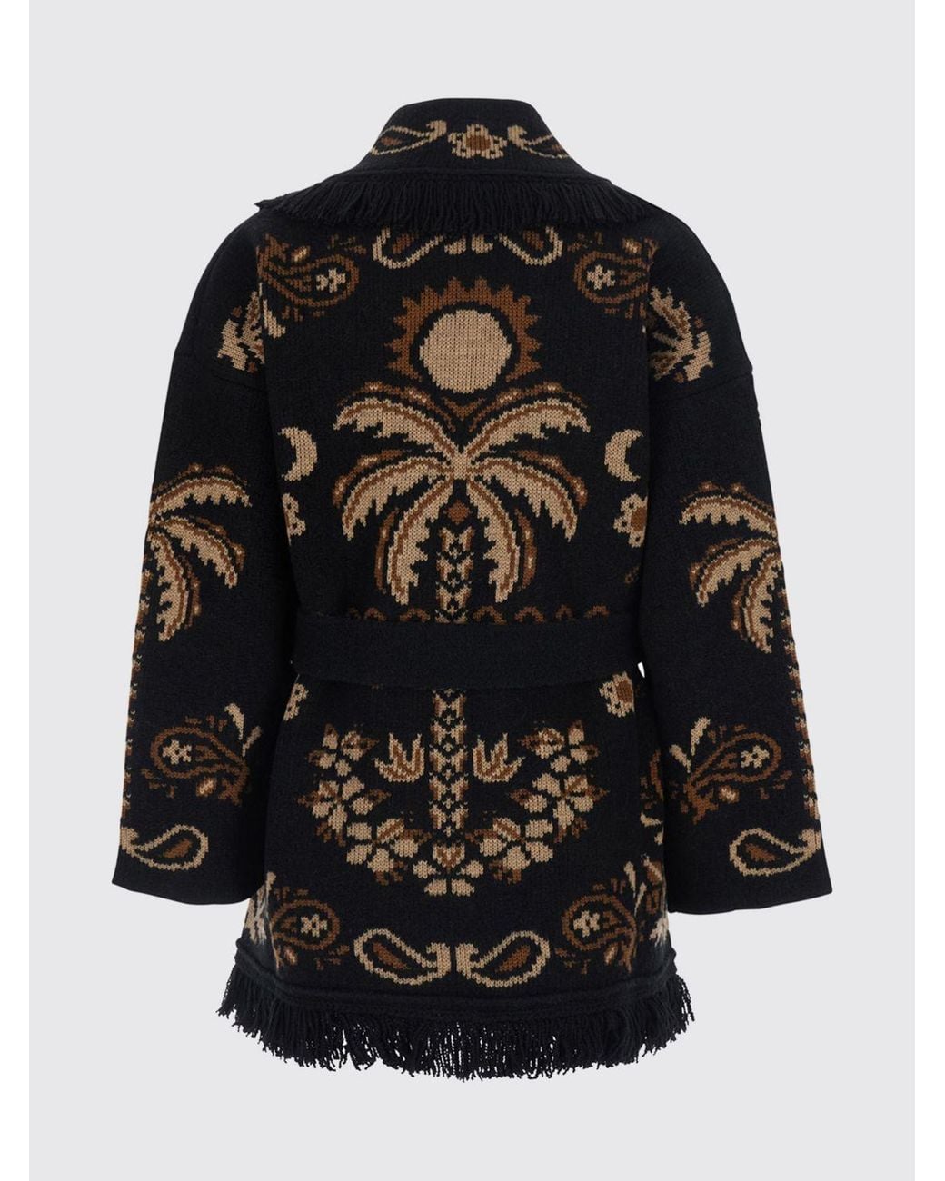 Alanui Black Jacquard Wool And Cashmere Blend Cardigan With Fringed Trim And Belt