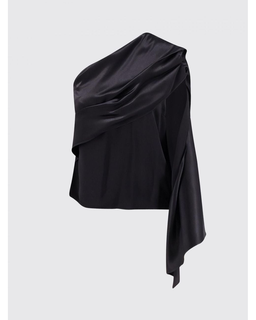 Alberta Ferretti Black One-Shoulder Draped Satin Top With Monogram Pattern