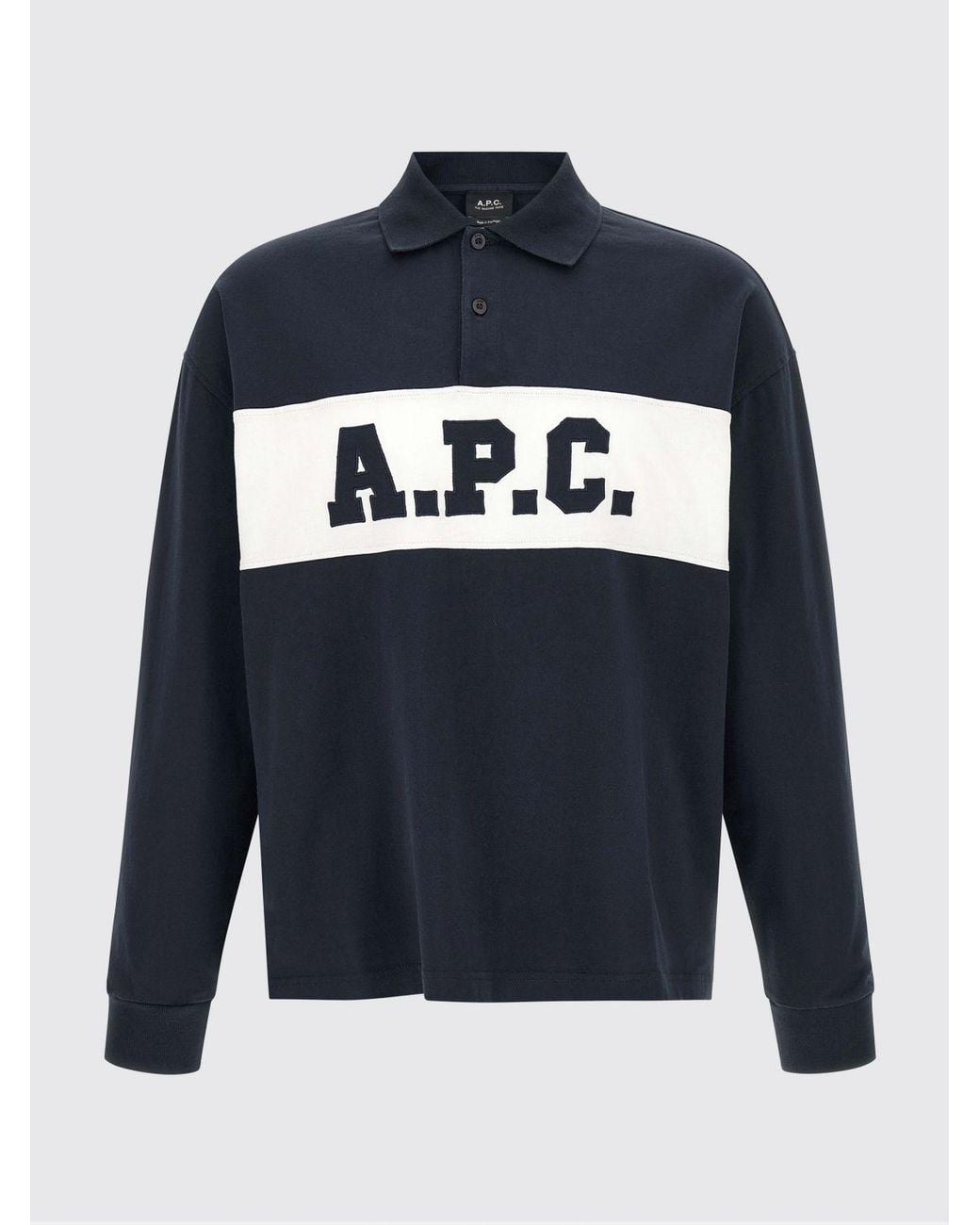 A.P.C. Blue Long-Sleeved Cotton Polo Shirt With Contrast Logo for men