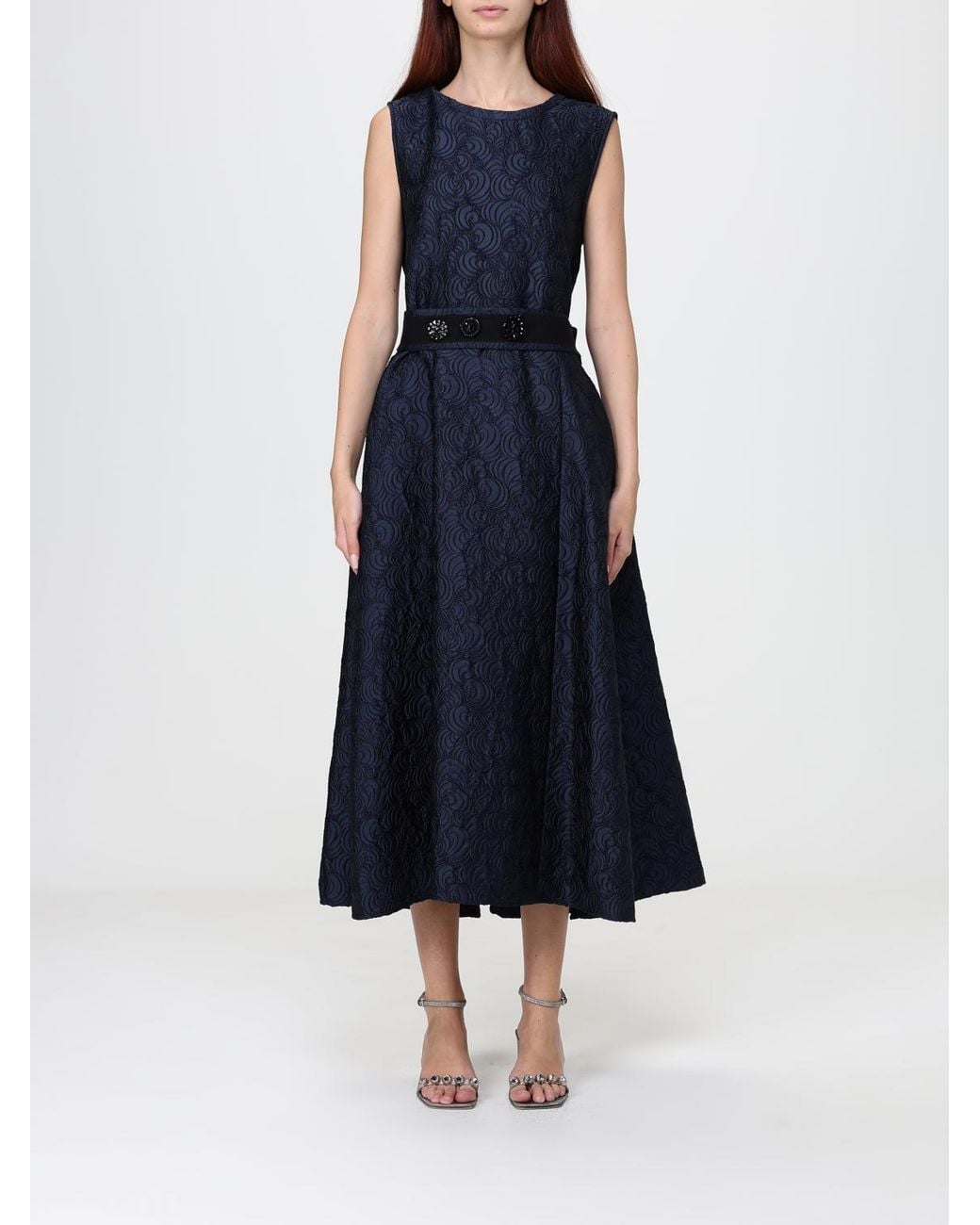 Max Mara Blue Abstract Jacquard A-Line Midi Dress For Ceremonies