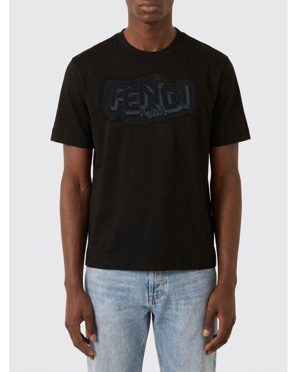 Fendi Black Cotton T-Shirt With Embroidered Logo for men
