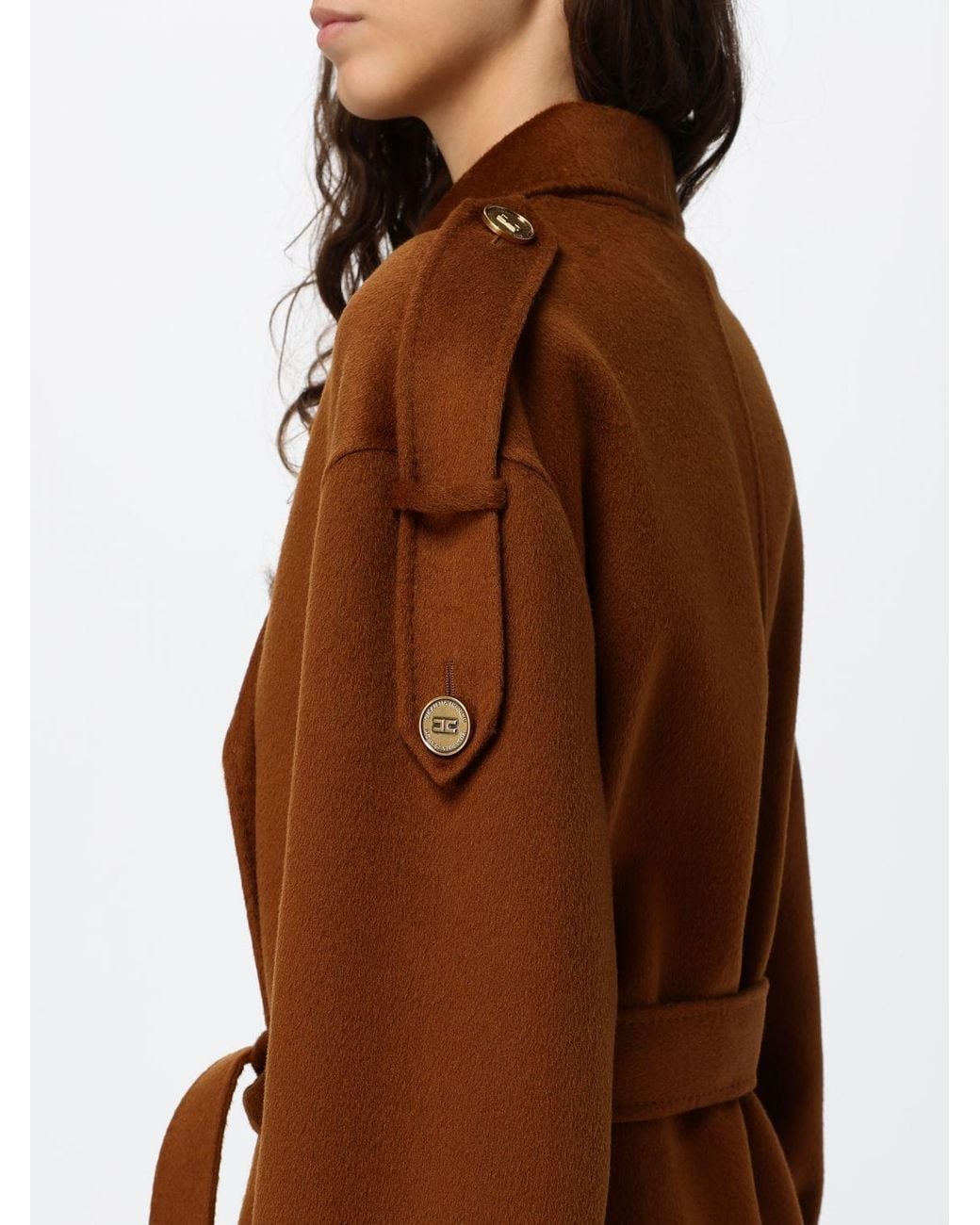 Elisabetta Franchi Brown Double-Breasted Long Wool Coat With Belt
