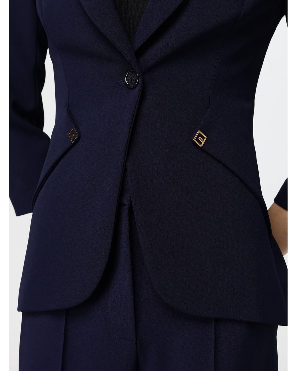 Elisabetta Franchi Blue Cropped Single-Breasted Slim Fit Blazer With Peak Lapels
