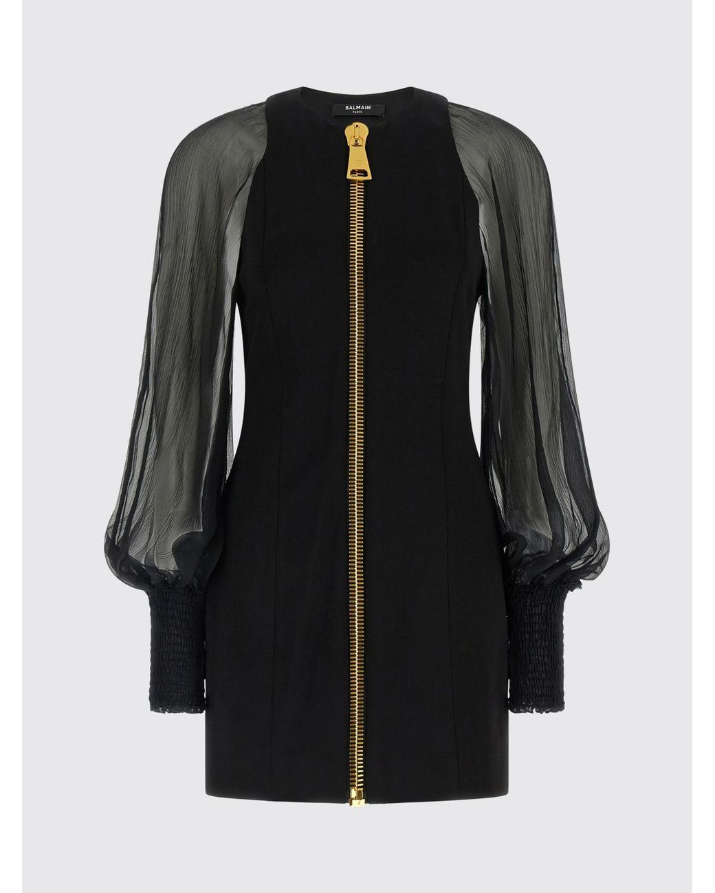 Balmain Black Jersey Sheath Mini Dress With Puff Sleeves And Crew Neck