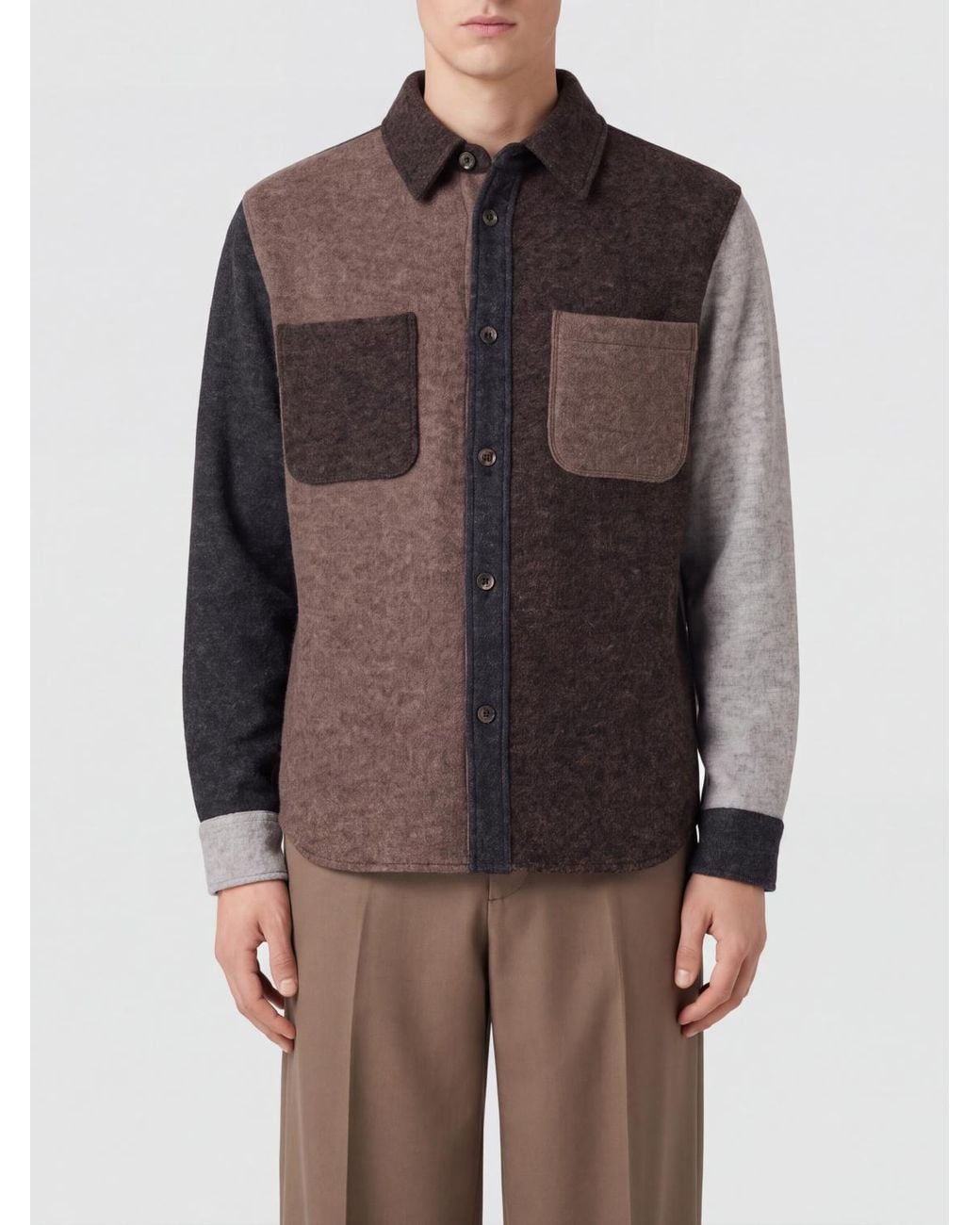 Les Deux Brown Abstract Patchwork Wool Shirt Jacket for men
