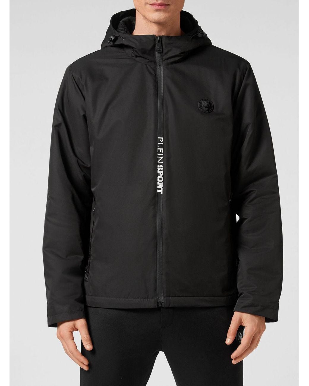 Philipp Plein Black Hooded Technical Fabric Windbreaker Jacket With Logo for men