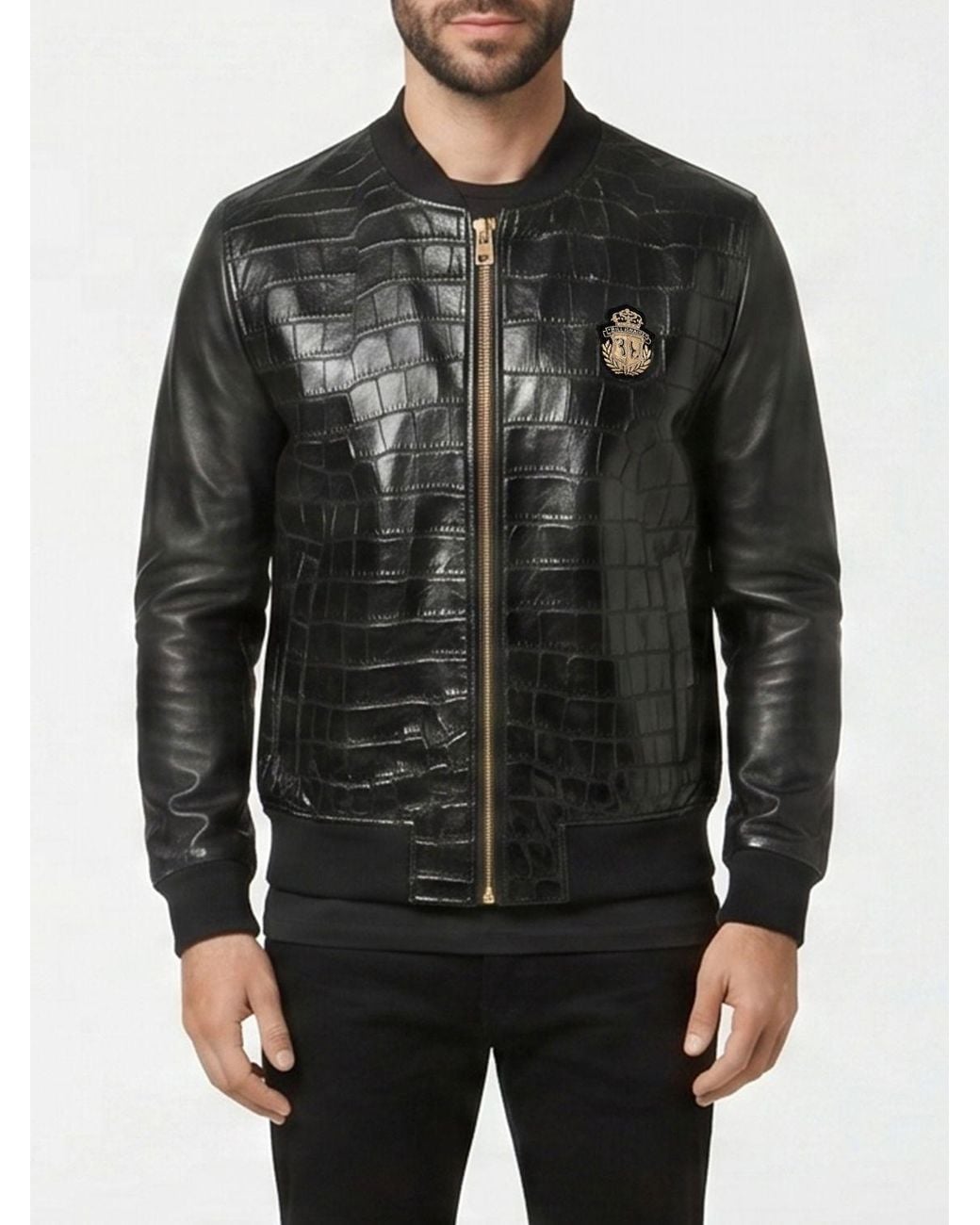 Billionaire Black Crocodile Leather Bomber Jacket With Crest And Elasticated Cuffs for men