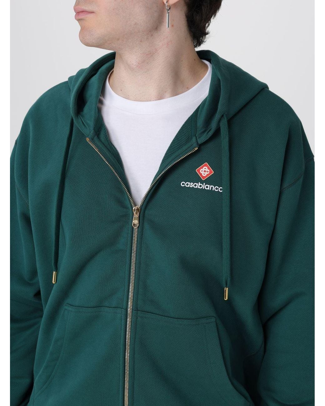 Casablanca Green Relaxed Fit Cotton Hoodie With Zip And Contrast Logo for men