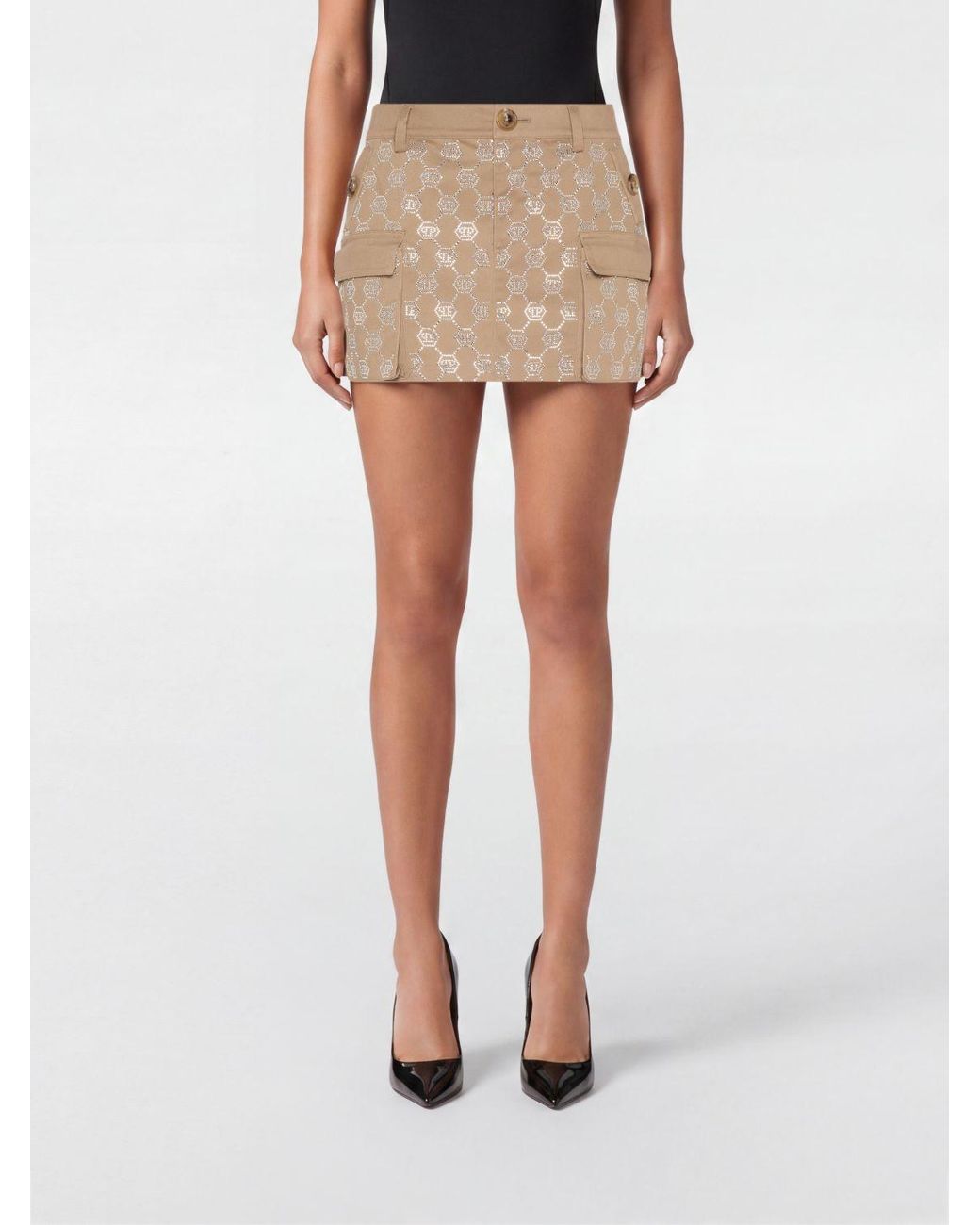 Philipp Plein Natural High-Waisted Cargo Mini Skirt With Rhinestone Hexagon Logo