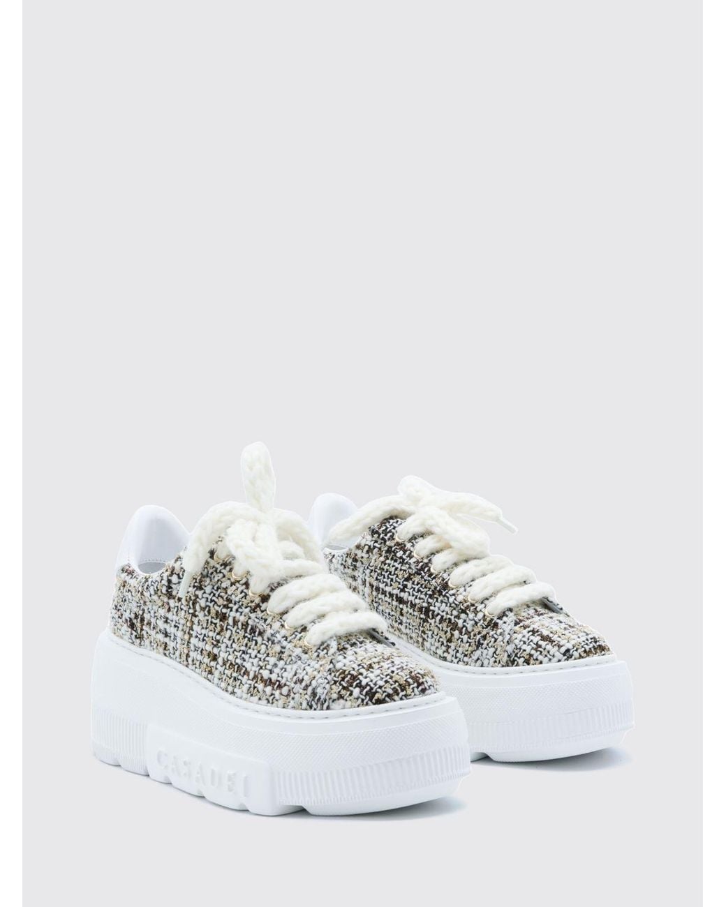Casadei White Abstract Pattern Tweed Platform Trainers With Embossed Logo