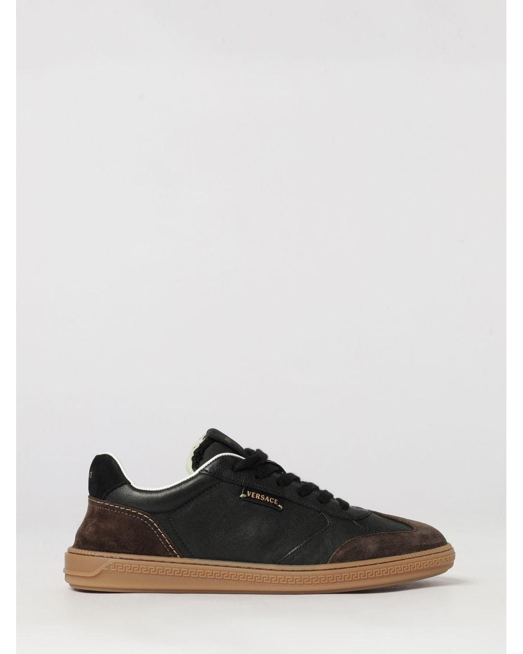 Versace Black Greca Court Bicolour Leather And Suede Low-Top Trainers With Laminated Logo for men