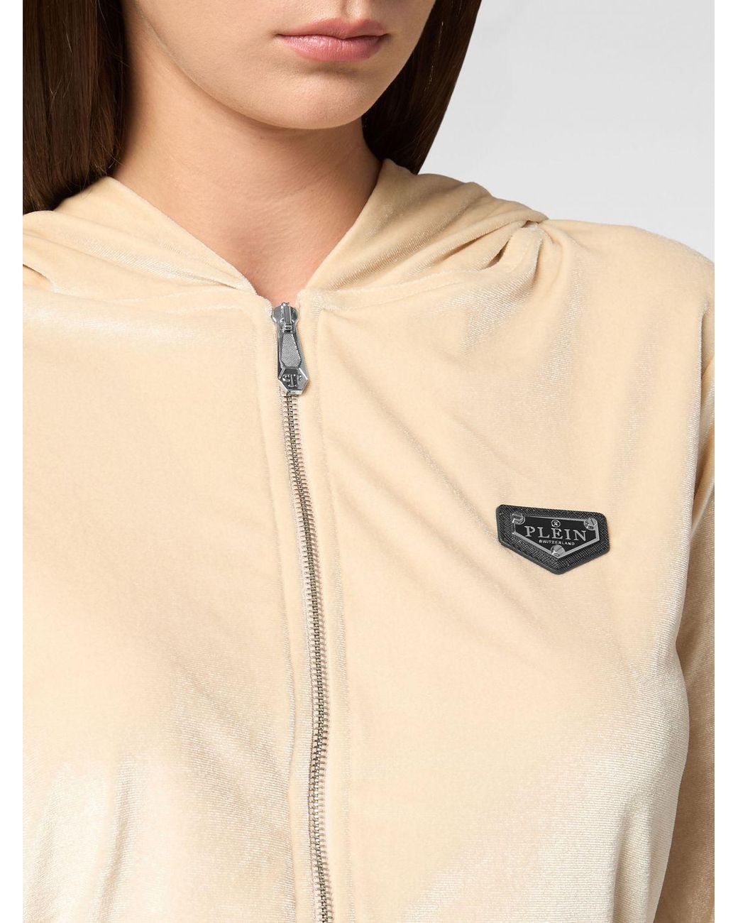 Philipp Plein Natural Cropped Velvet Zip Hoodie With Skull Rhinestones