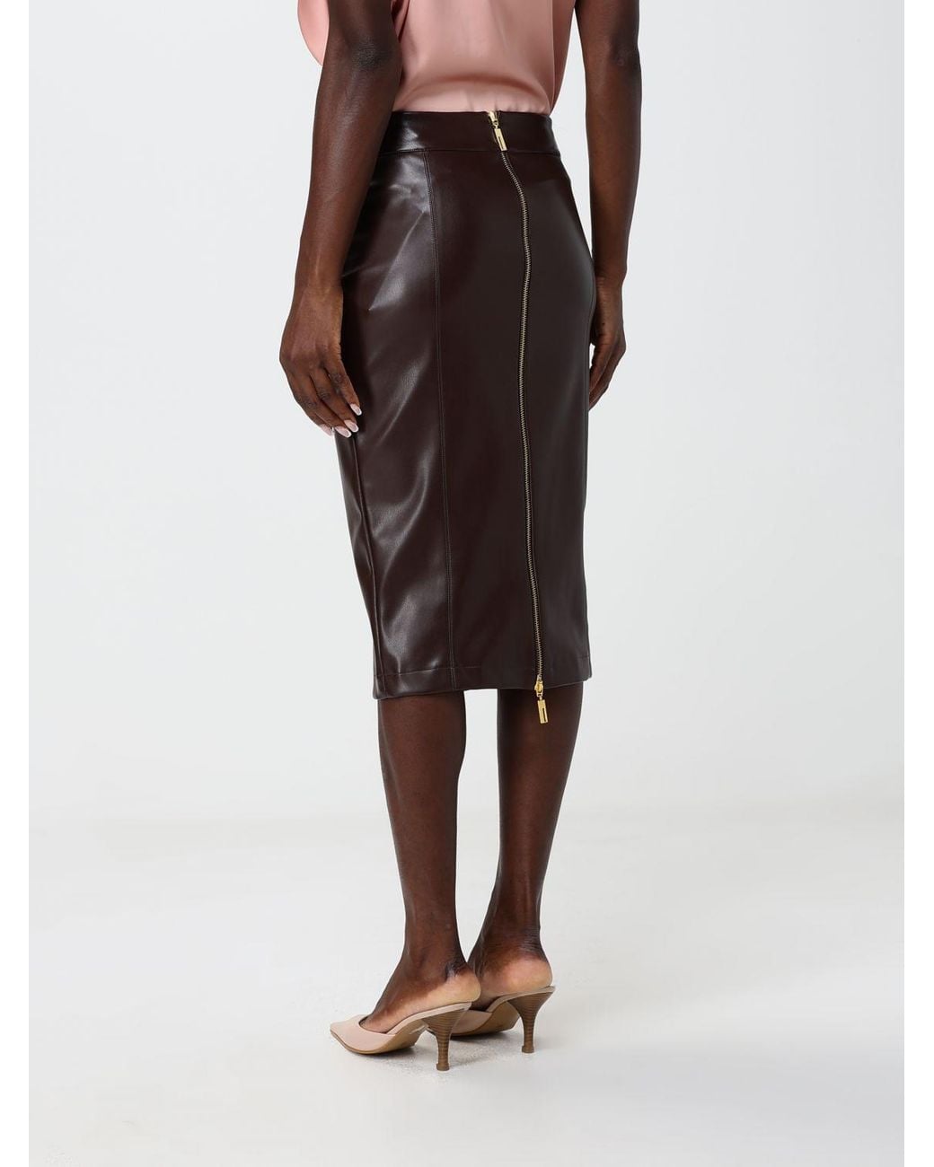 Hanita Brown High-Waisted Smooth Faux Leather Midi Pencil Skirt
