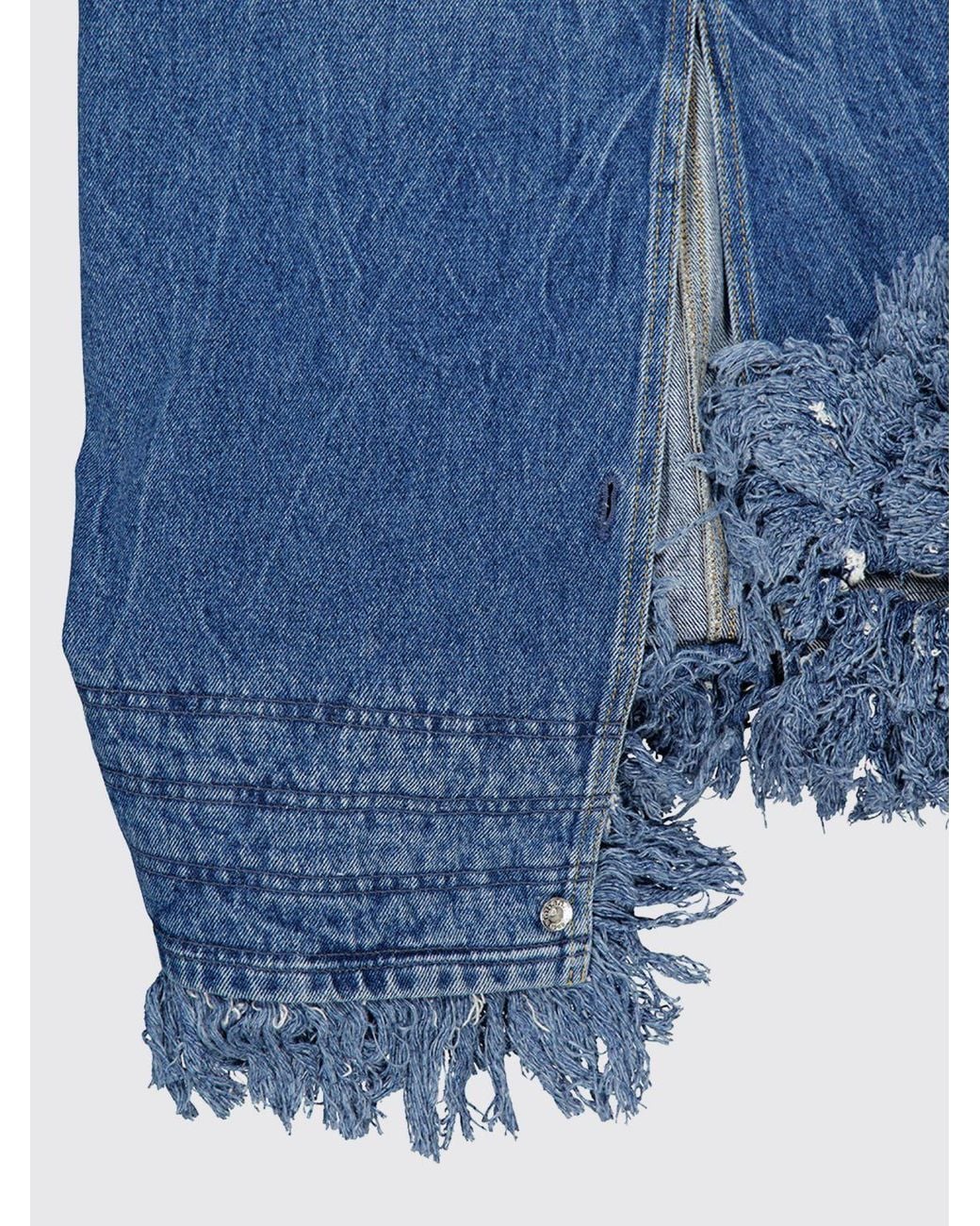 Rabanne Blue High-Waisted Cotton Denim Midi Skirt With Ruffles And Embroidery
