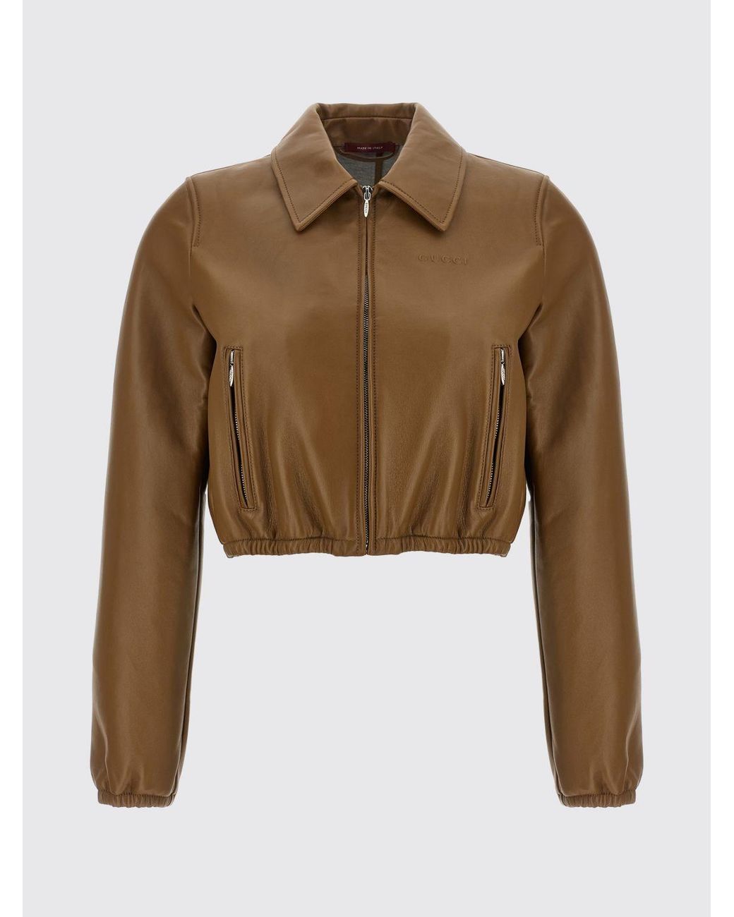 Gucci Blue Cropped Lamb Leather Jacket With Zip Closure