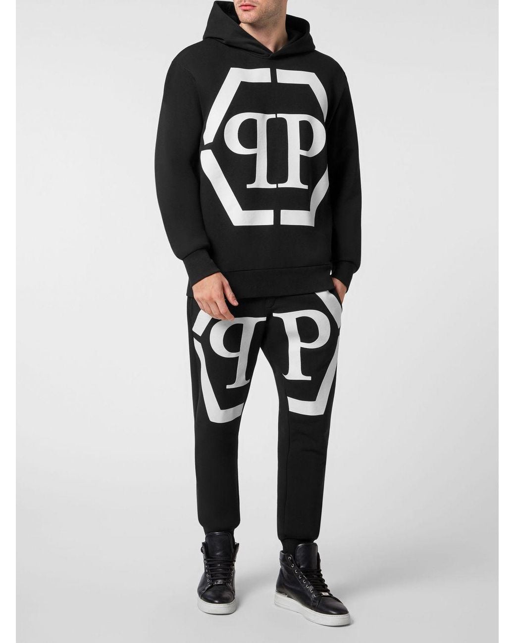 Philipp Plein Black Monogram Print Cotton Hoodie With Hexagon Logo And Dropped Shoulders for men
