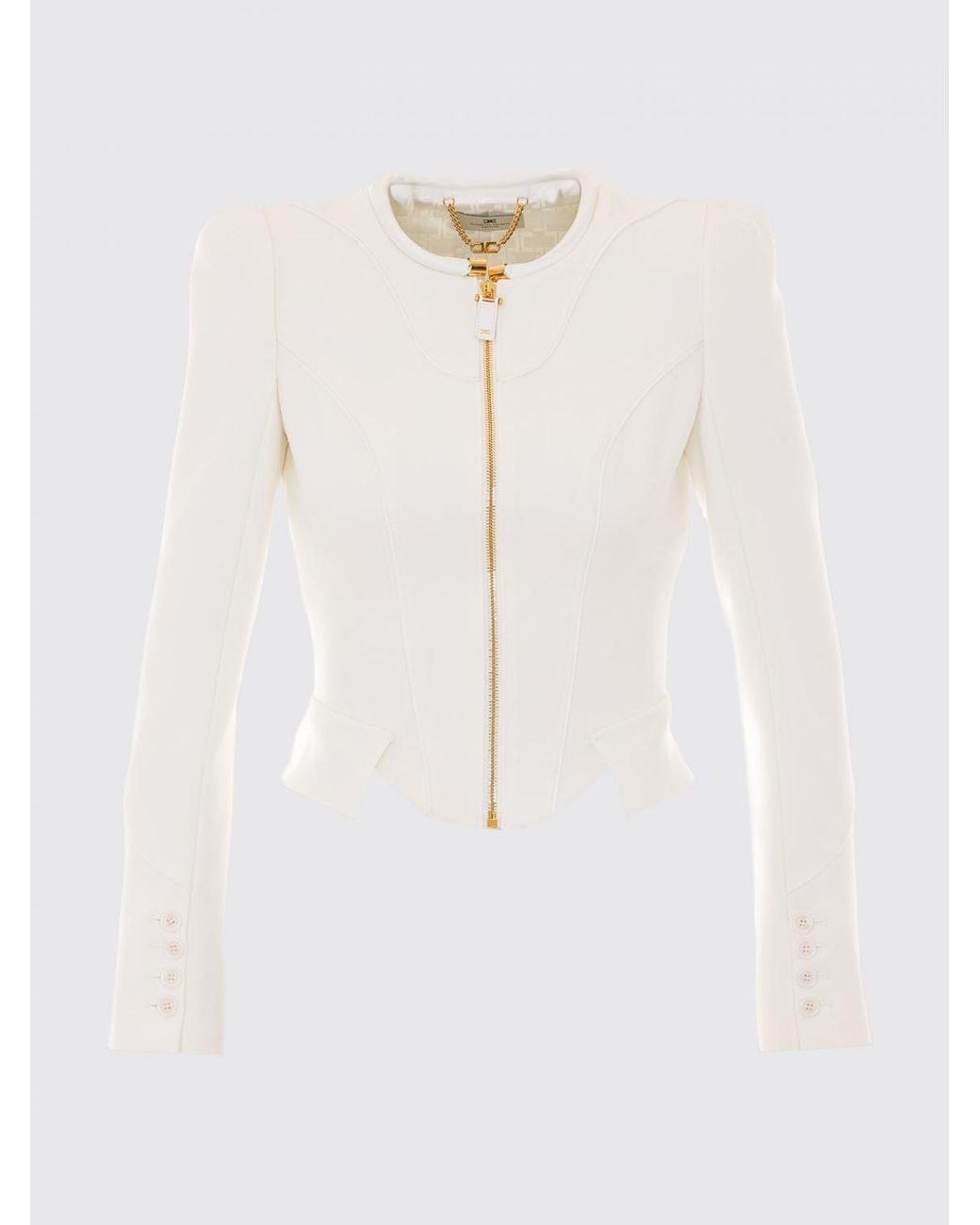 Elisabetta Franchi White Cropped Corset Blazer With Crew Neck And Asymmetrical Hem