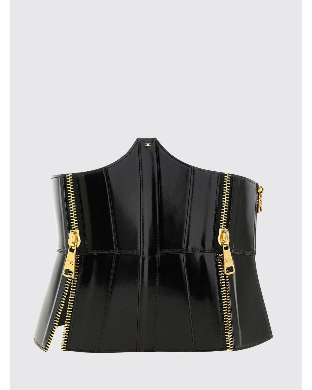 Elisabetta Franchi Black Leather Bustier Belt With Monogram Logo And Tie Closure