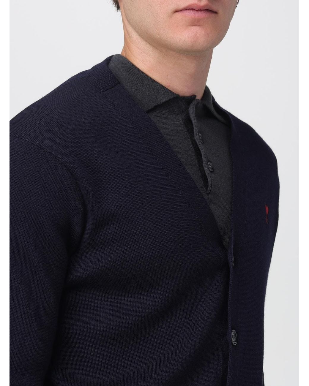 AMI Blue Merino Wool Cardigan With Embroidered Logo for men