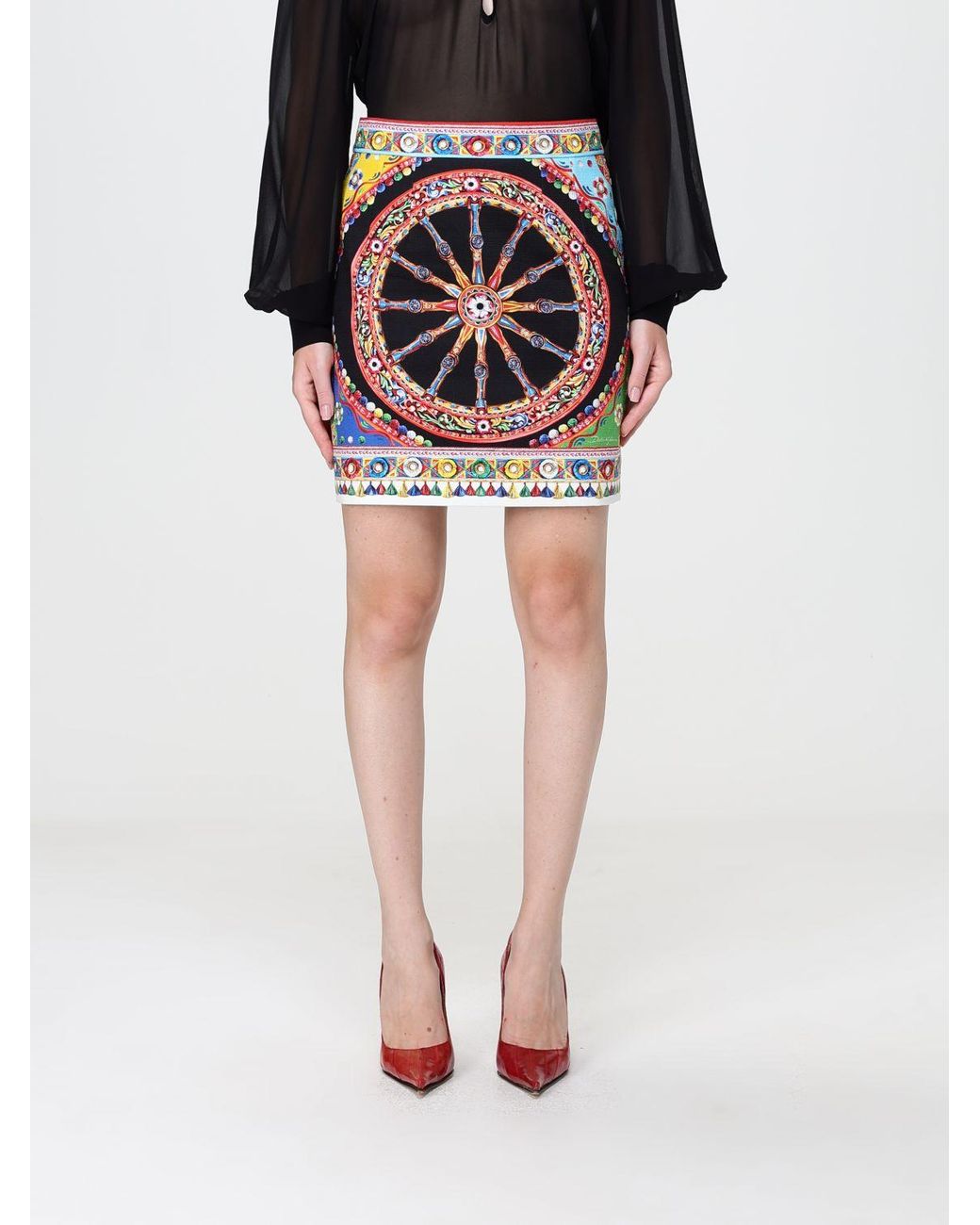 Dolce & Gabbana Black Dolce &Amp Gabbana Carretto Siciliano Print Silk Midi Pencil Skirt