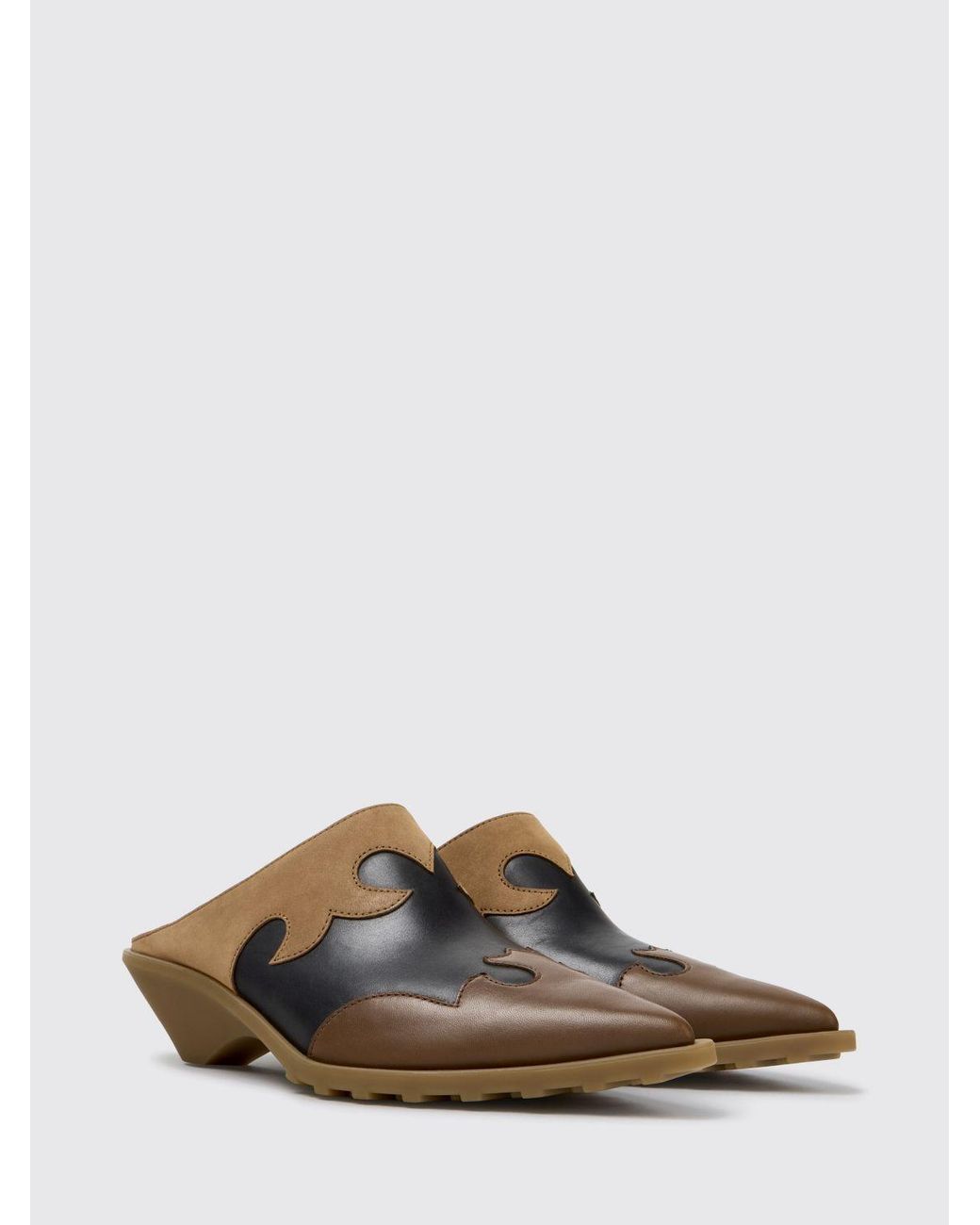Camper Brown Anita Smooth Calfskin Mules With Low Flared Heel
