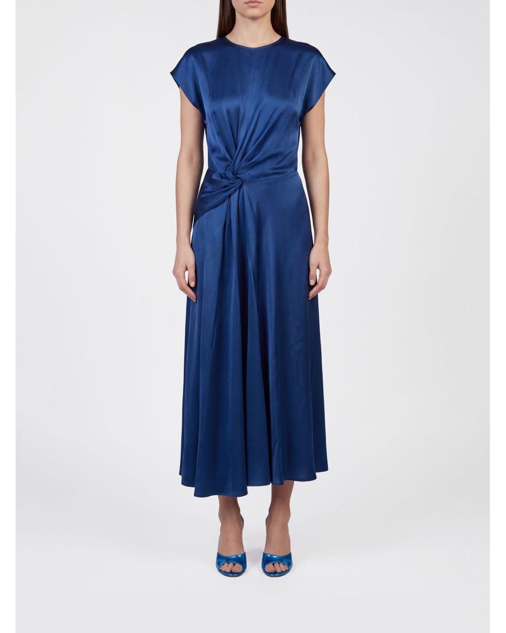 Victoria Beckham Blue Aria Asymmetrical Ruched-Waist Midi Dress
