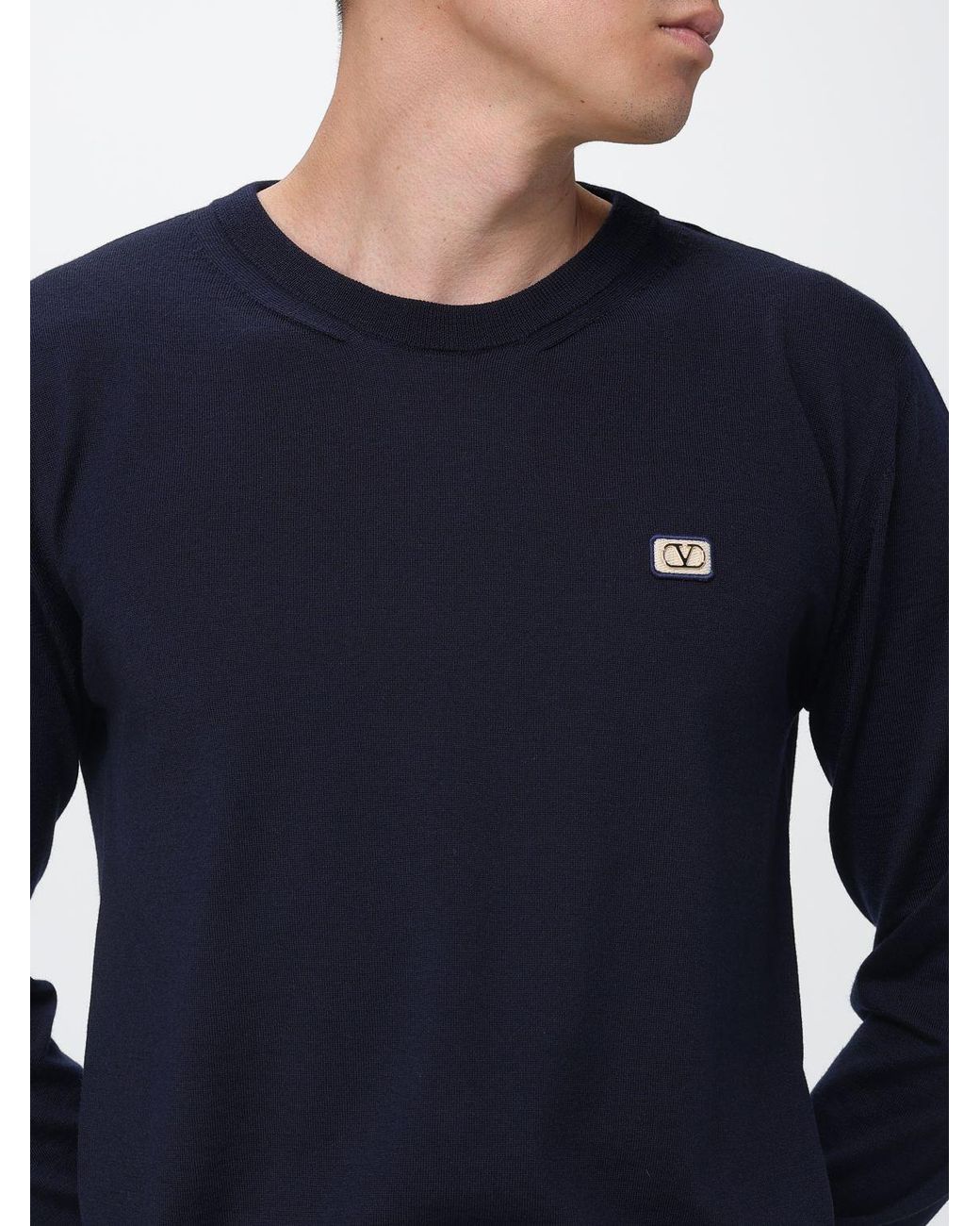 Valentino Blue Wool Crew Neck Sweater With Logo for men