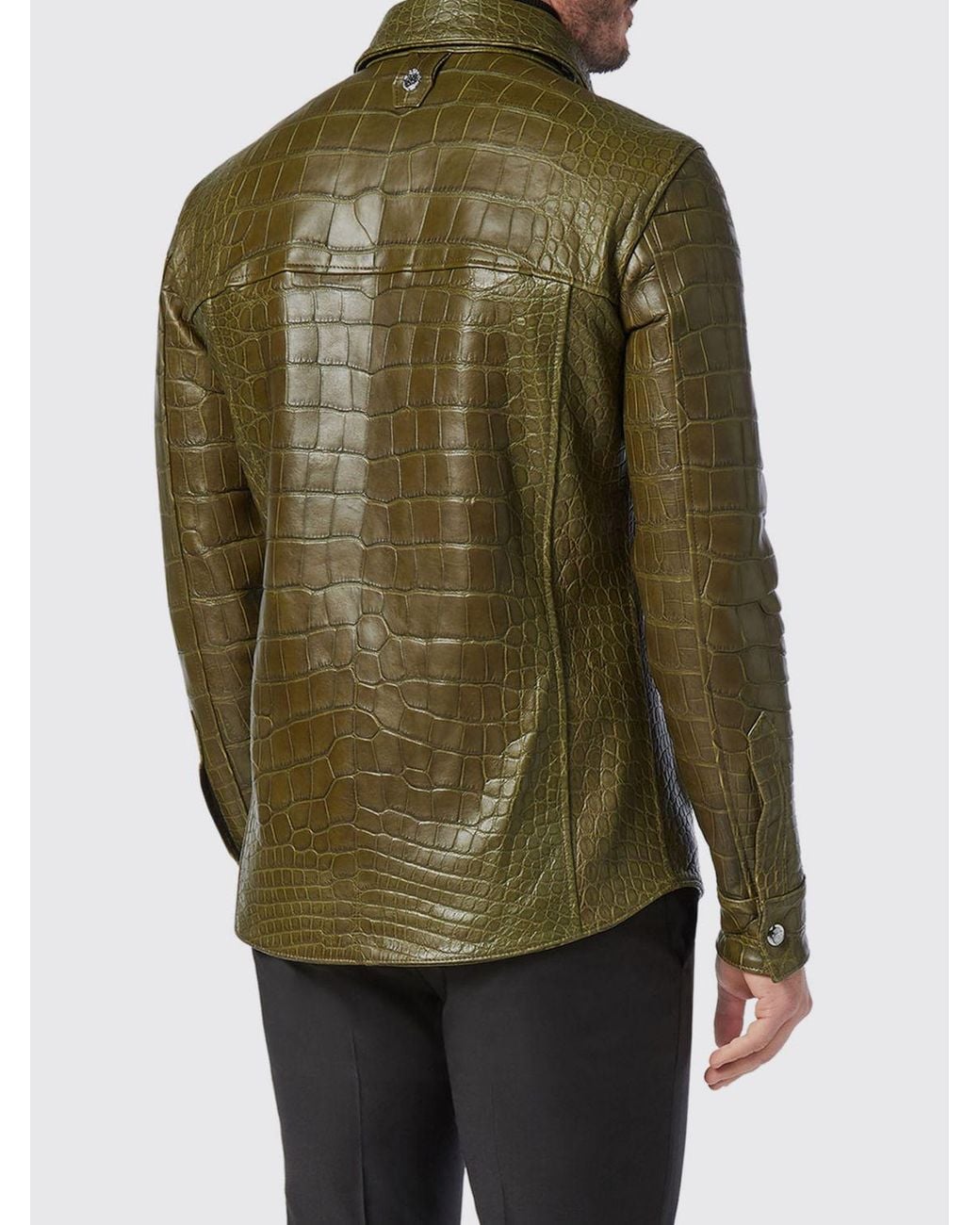 Billionaire Green Crocodile Print Leather Shirt for men
