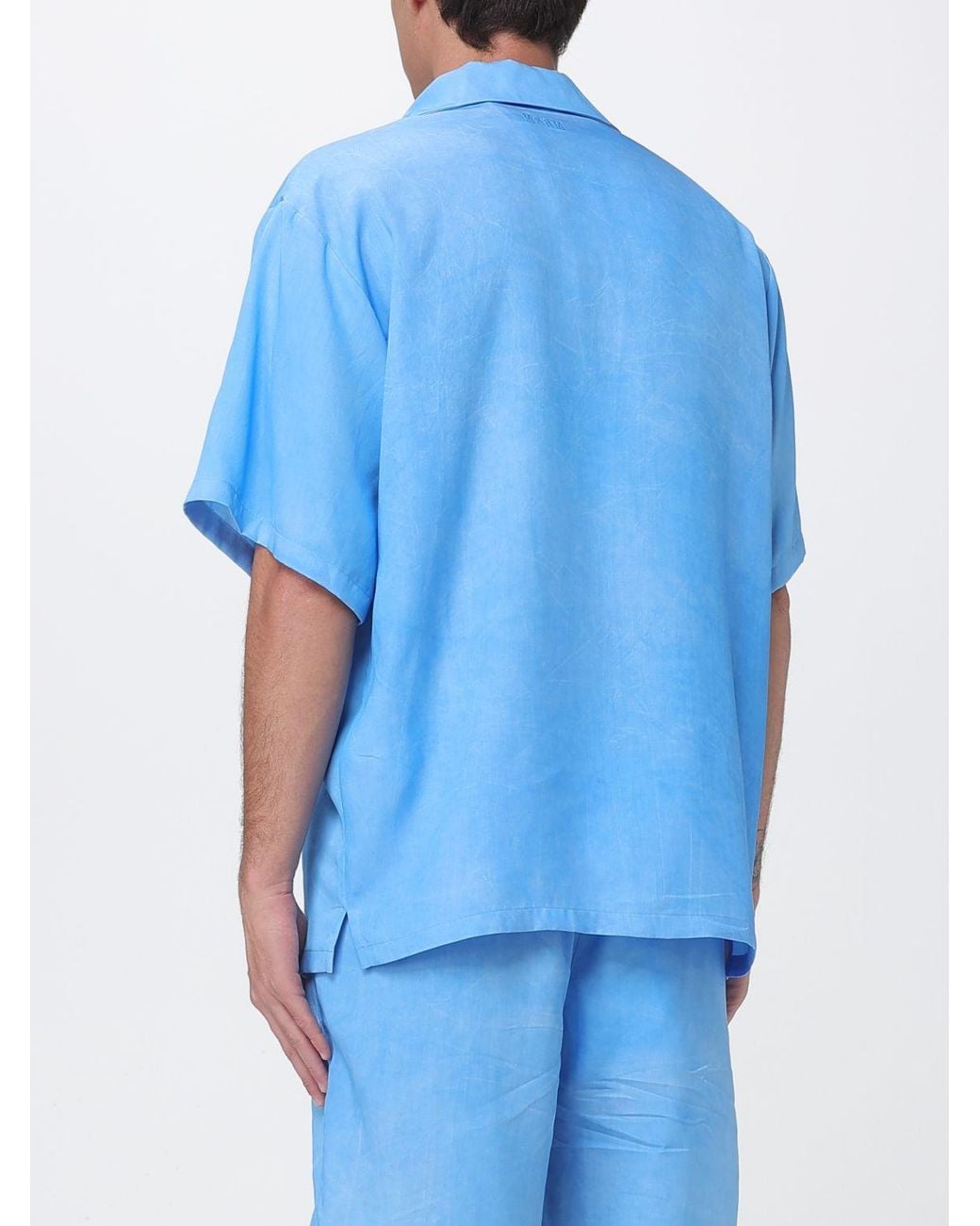 MSGM Blue Short-Sleeved Lyocell Shirt With Cuban Collar for men