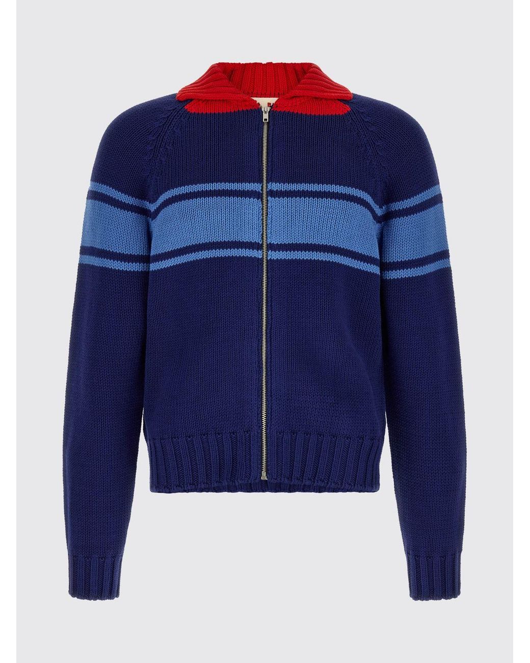Marni Blue Striped Cotton Turtleneck Cardigan With Zip Closure for men