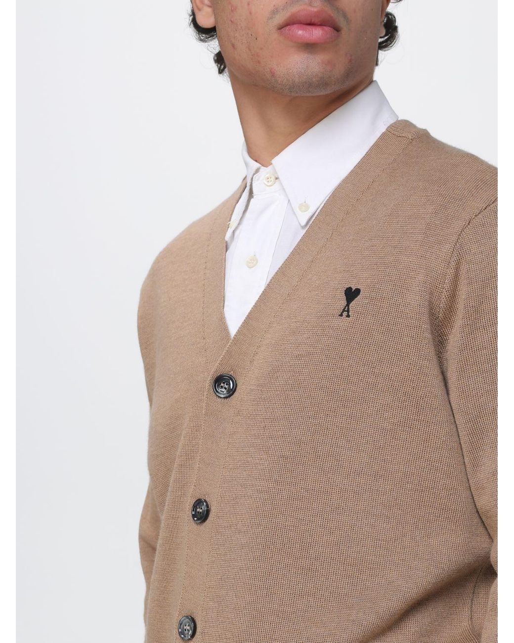 AMI Natural V-Neck Wool Cardigan With Contrast Embroidered Logo for men
