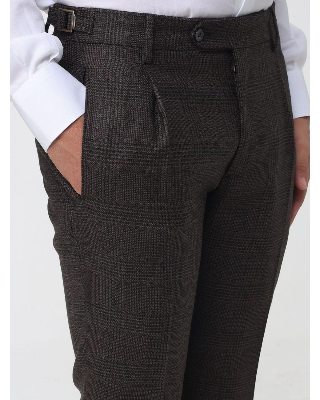 Berwich Gray Prince Of Wales Check Slim Fit Pleated Chinos for men