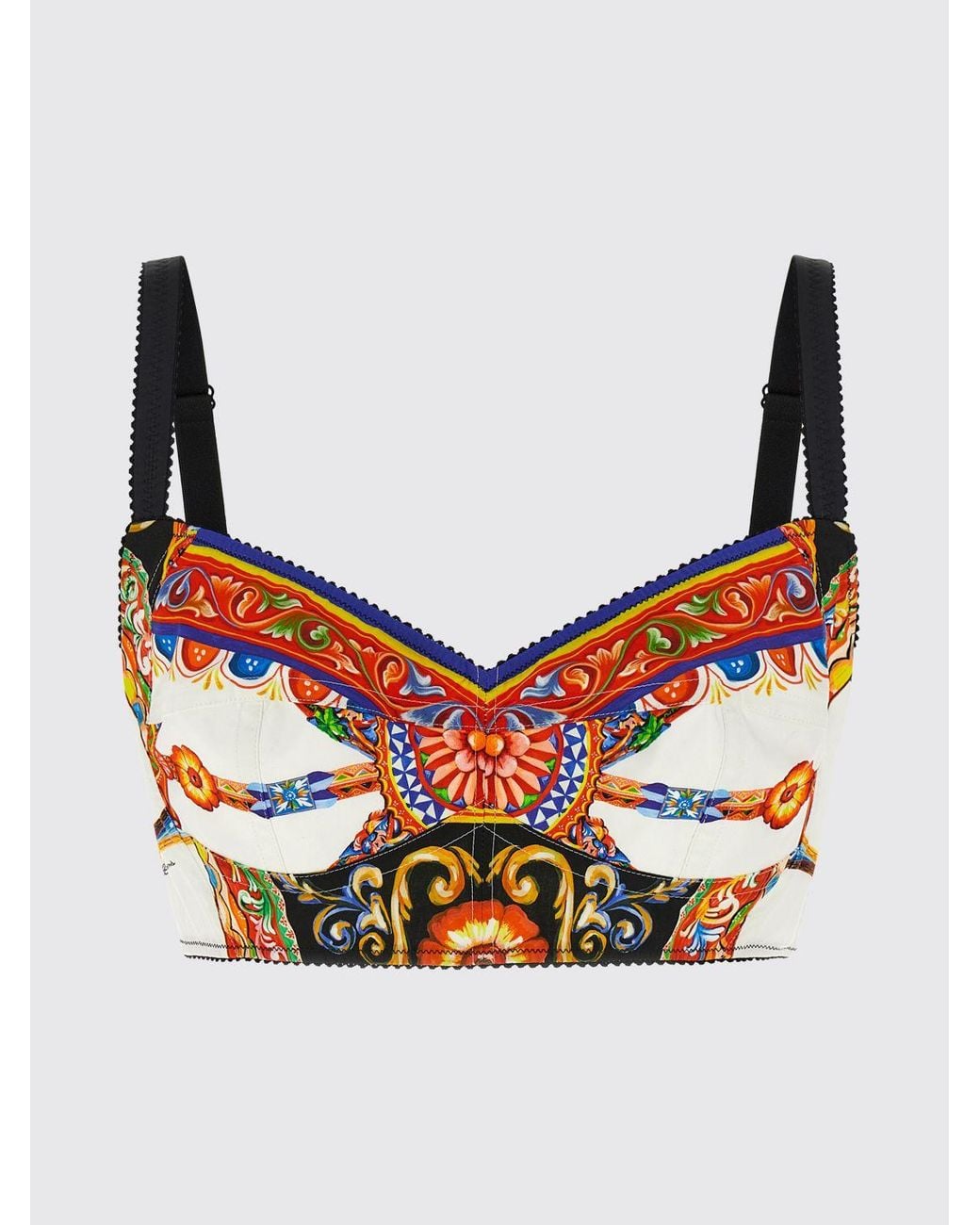 Dolce & Gabbana White Dolce &Amp Gabbana Cropped Cotton-Blend Bustier With Carretto Siciliano Print