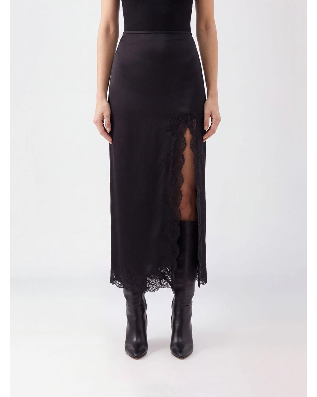 Valentino Garavani Black Silk Midi Pencil Skirt With Lace Inserts And Front Slit
