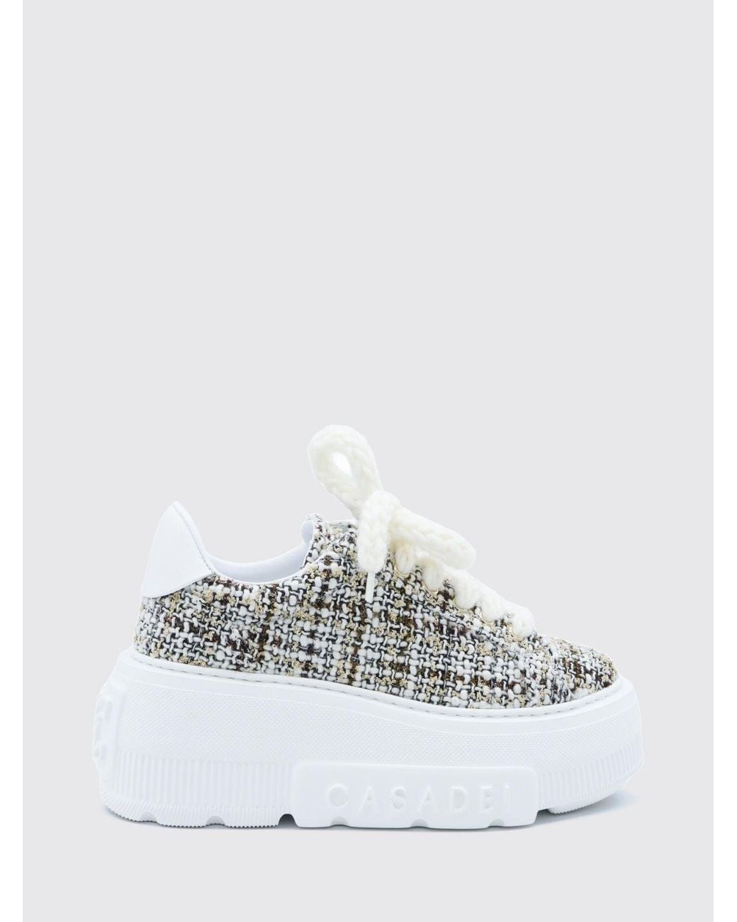 Casadei White Abstract Pattern Tweed Platform Trainers With Embossed Logo