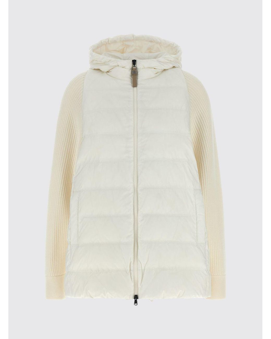 Brunello Cucinelli White Short Quilted Nylon Hooded Puffer Jacket With Zip Closure
