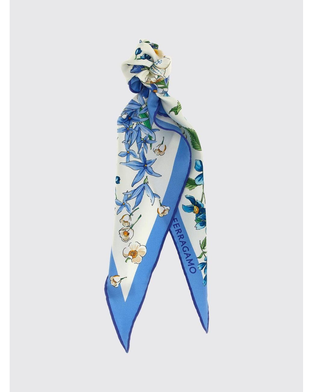 Ferragamo Blue Floral Print Diamond-Shaped Silk Foulard With Asymmetrical Hem