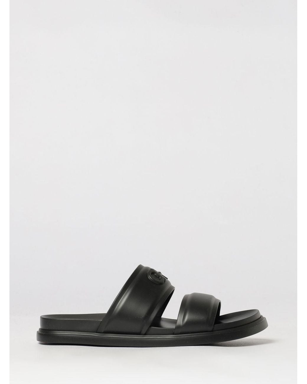 Ferragamo Black Embossed Gancini Logo Rubber Flat Sandals