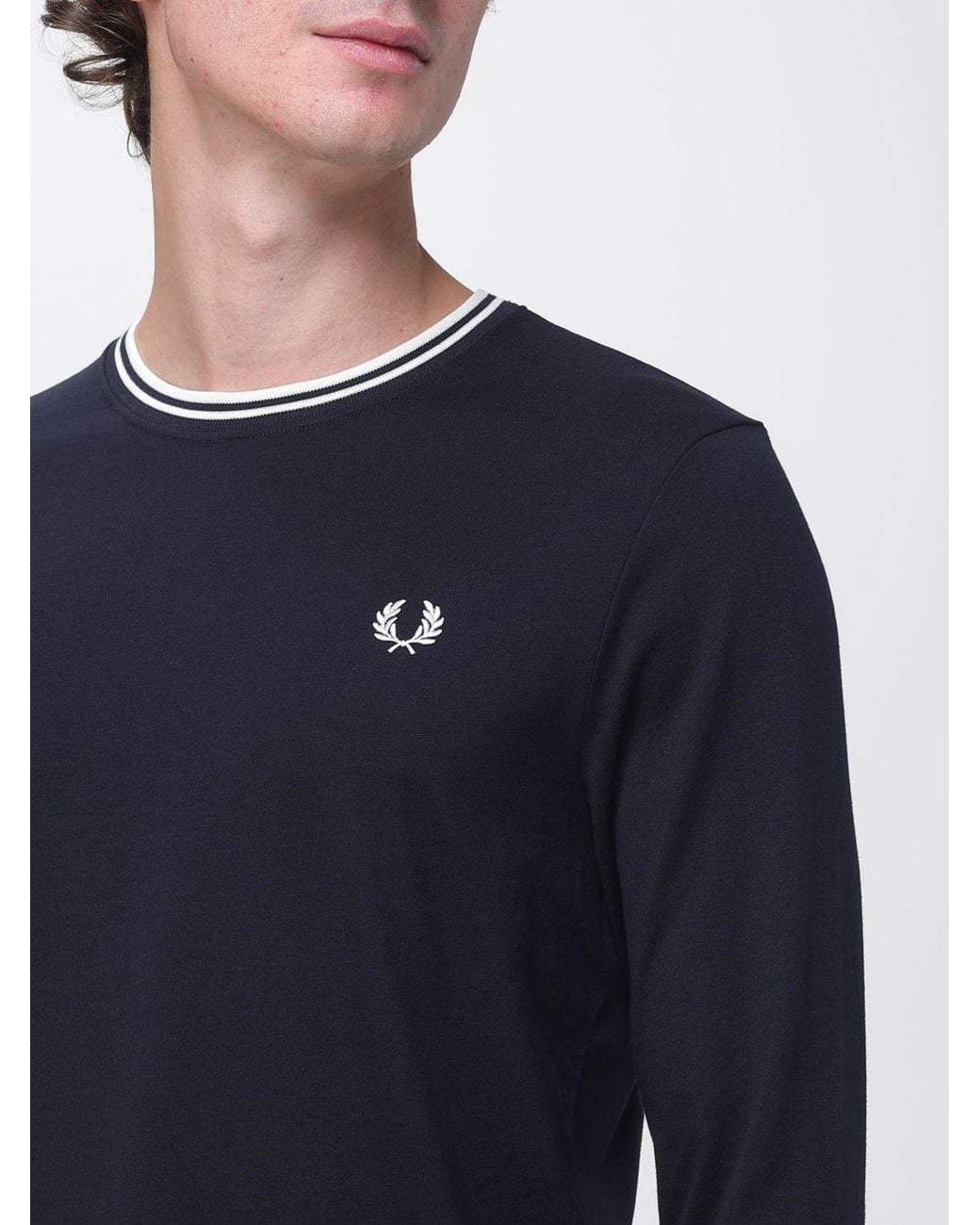 Fred Perry Blue Long-Sleeved Cotton Jersey T-Shirt With Embroidered Logo for men