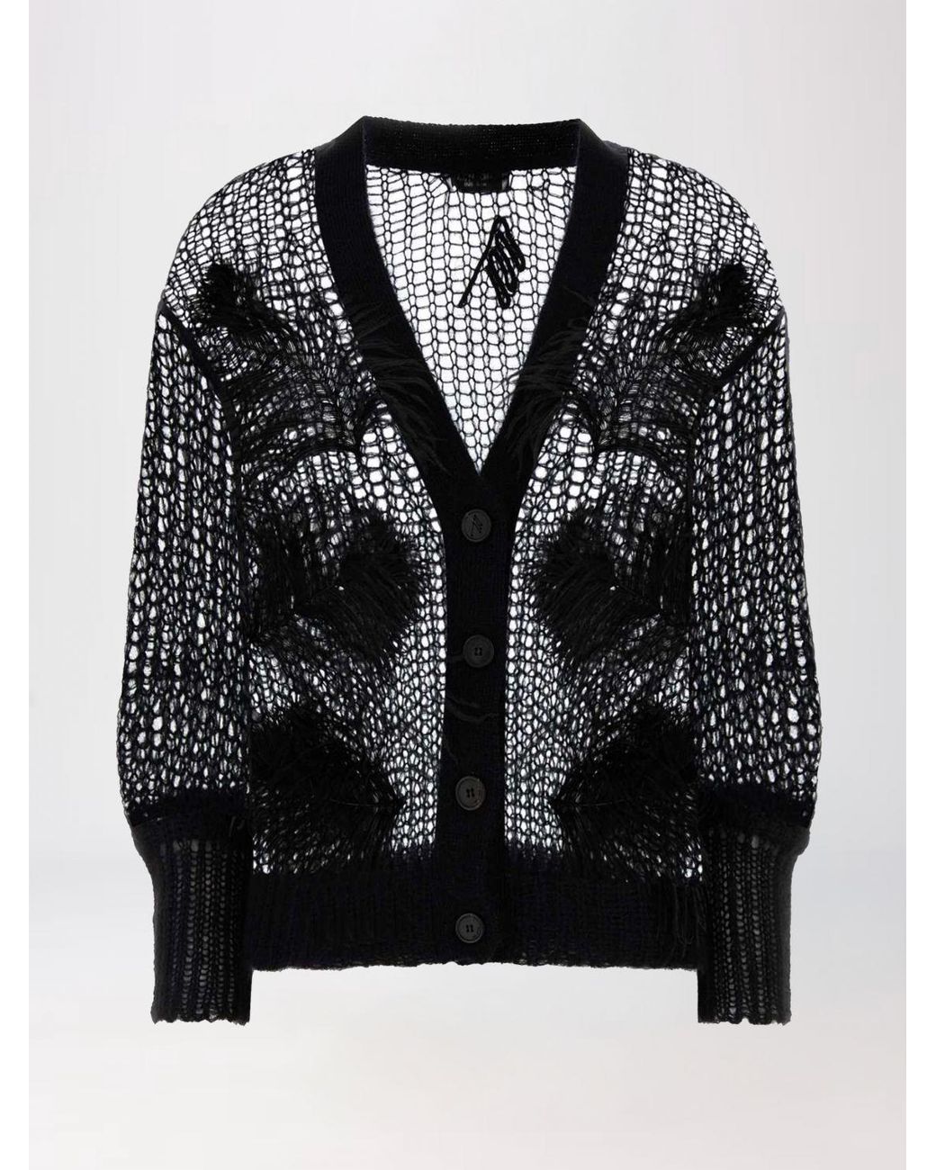 The Attico Black Openwork Wool Blend Cardigan With Feathers