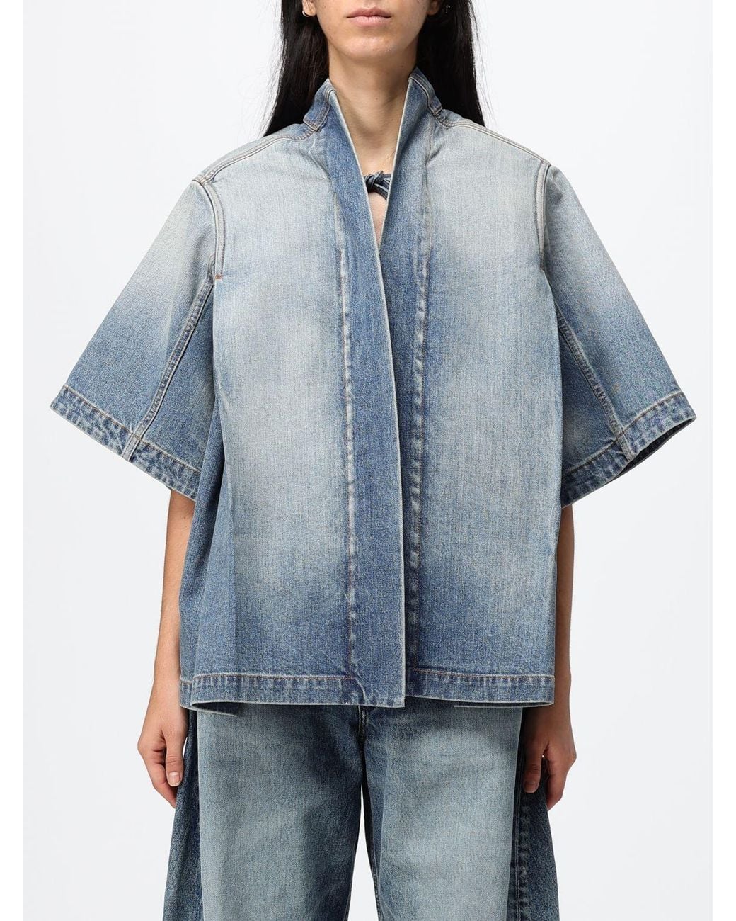 Alaïa Blue Reverse Cropped Jacket With Kimono Sleeves And Shawl Collar
