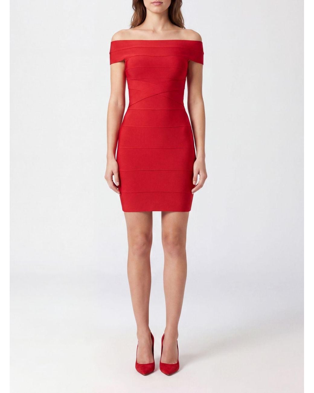 ROTATE BIRGER CHRISTENSEN Red Off-The-Shoulder Jersey Sheath Midi Dress With Straight Neckline